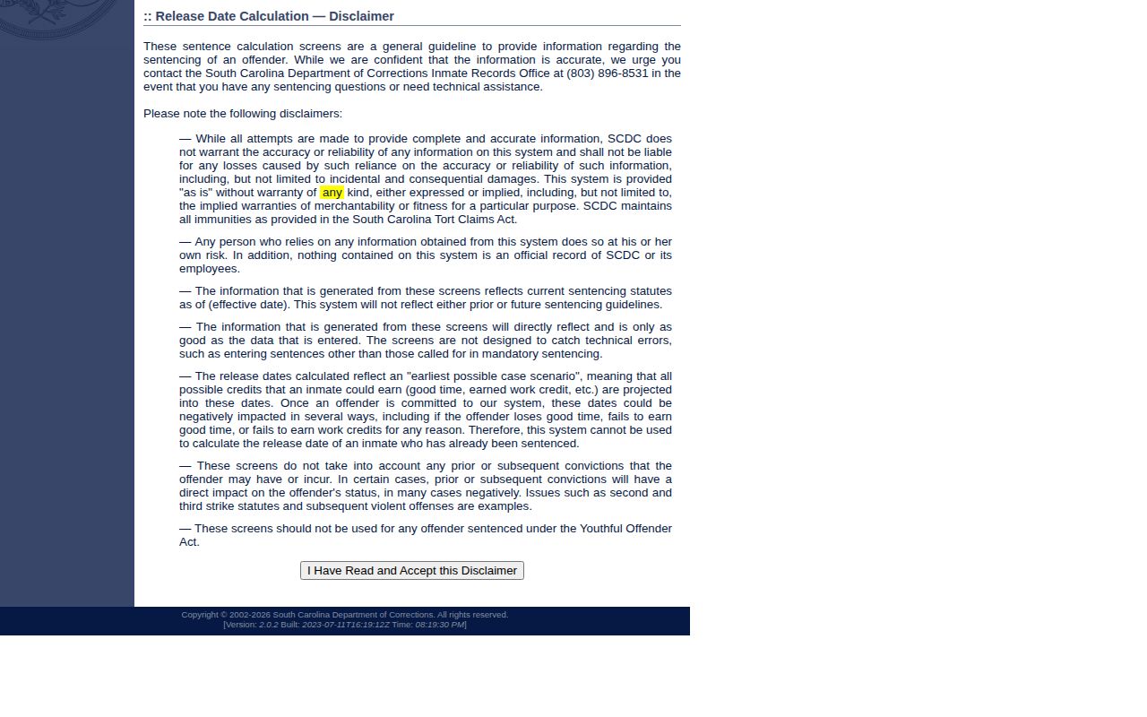 SCDC calculator disclaimer for a Jasper County projected release date